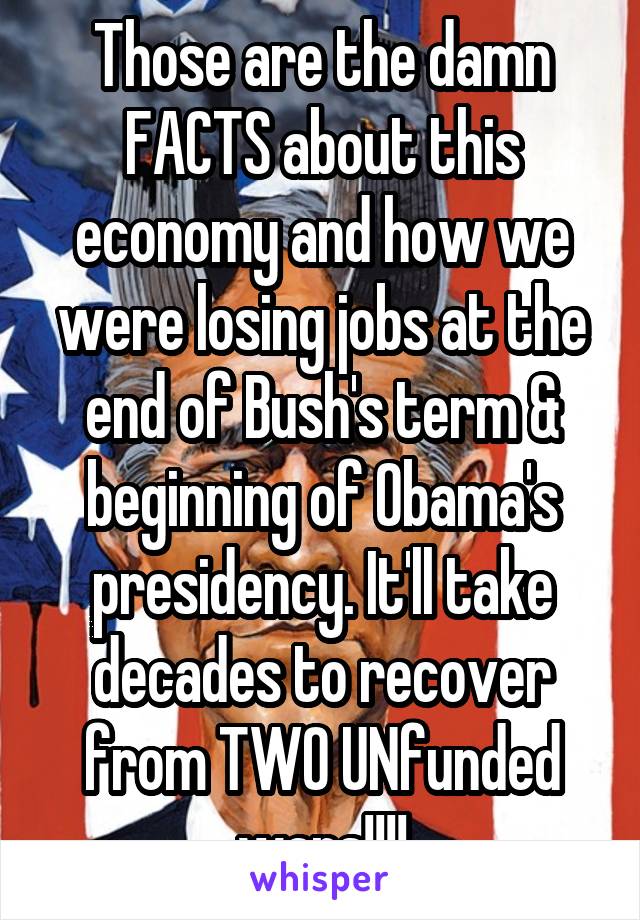 Those are the damn FACTS about this economy and how we were losing jobs at the end of Bush's term & beginning of Obama's presidency. It'll take decades to recover from TWO UNfunded wars!!!!