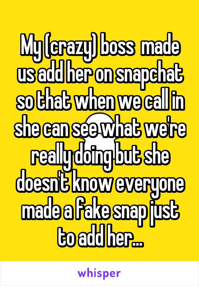 My (crazy) boss  made us add her on snapchat so that when we call in she can see what we're really doing but she doesn't know everyone made a fake snap just to add her...