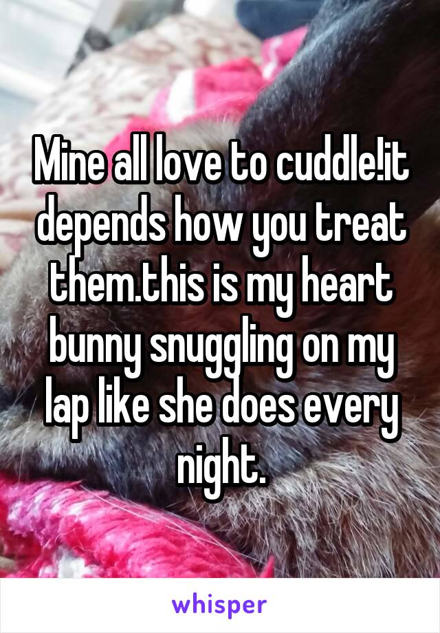 Mine all love to cuddle!it depends how you treat them.this is my heart bunny snuggling on my lap like she does every night.