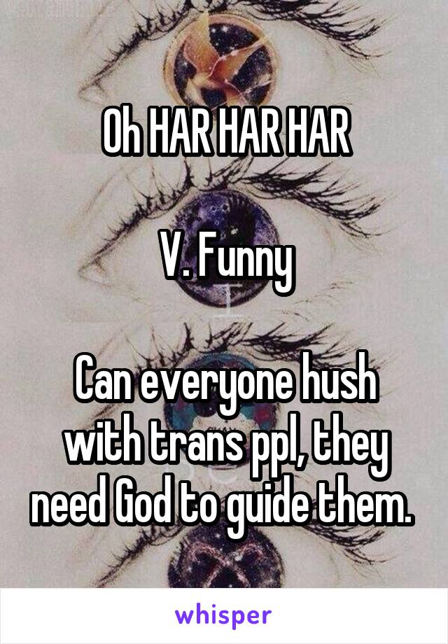 Oh HAR HAR HAR

V. Funny

Can everyone hush with trans ppl, they need God to guide them. 