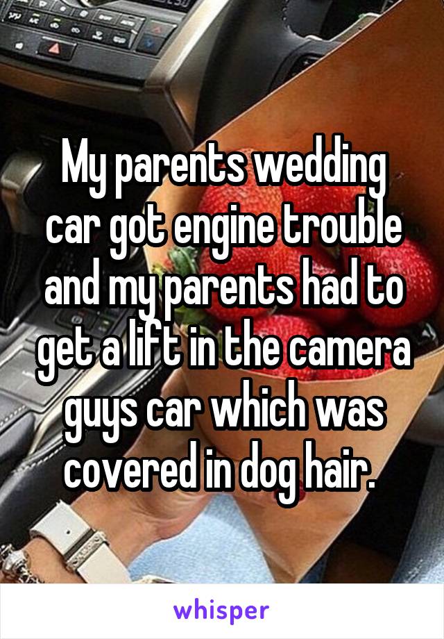 My parents wedding car got engine trouble and my parents had to get a lift in the camera guys car which was covered in dog hair. 
