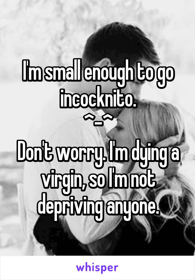 I'm small enough to go incocknito.
^-^
Don't worry. I'm dying a virgin, so I'm not depriving anyone.