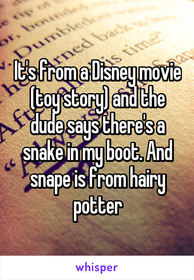 It's from a Disney movie (toy story) and the dude says there's a snake in my boot. And snape is from hairy potter