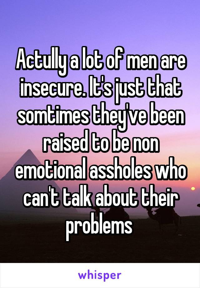 Actully a lot of men are insecure. It's just that somtimes they've been raised to be non emotional assholes who can't talk about their problems 