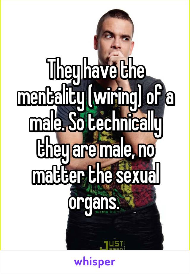 They have the mentality (wiring) of a male. So technically they are male, no matter the sexual organs. 