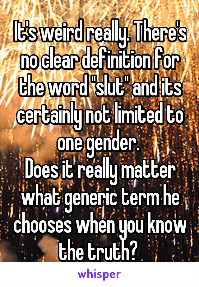 It's weird really. There's no clear definition for the word "slut" and its certainly not limited to one gender. 
Does it really matter what generic term he chooses when you know the truth? 