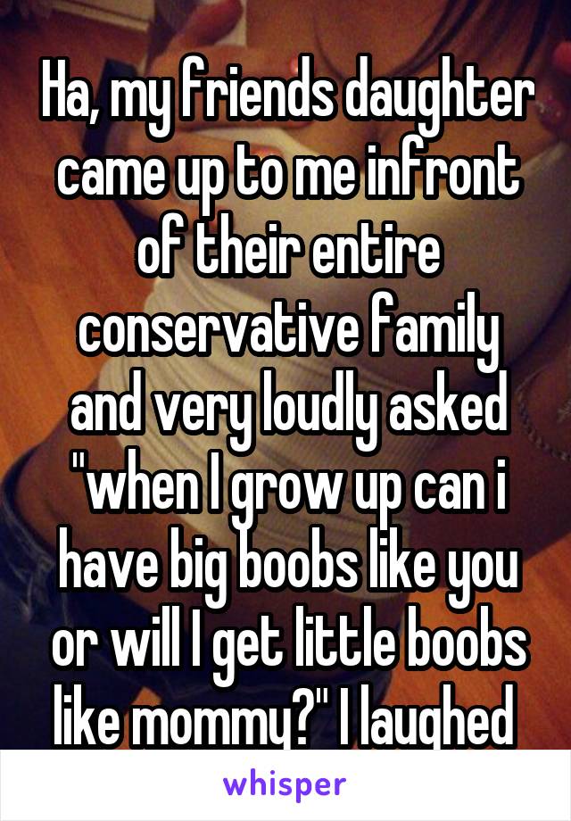 Ha, my friends daughter came up to me infront of their entire conservative family and very loudly asked "when I grow up can i have big boobs like you or will I get little boobs like mommy?" I laughed 