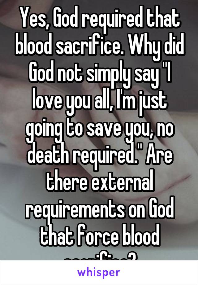 Yes, God required that blood sacrifice. Why did God not simply say "I love you all, I'm just going to save you, no death required." Are there external requirements on God that force blood sacrifice?