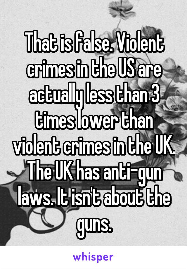 That is false. Violent crimes in the US are actually less than 3 times lower than violent crimes in the UK. The UK has anti-gun laws. It isn't about the guns.