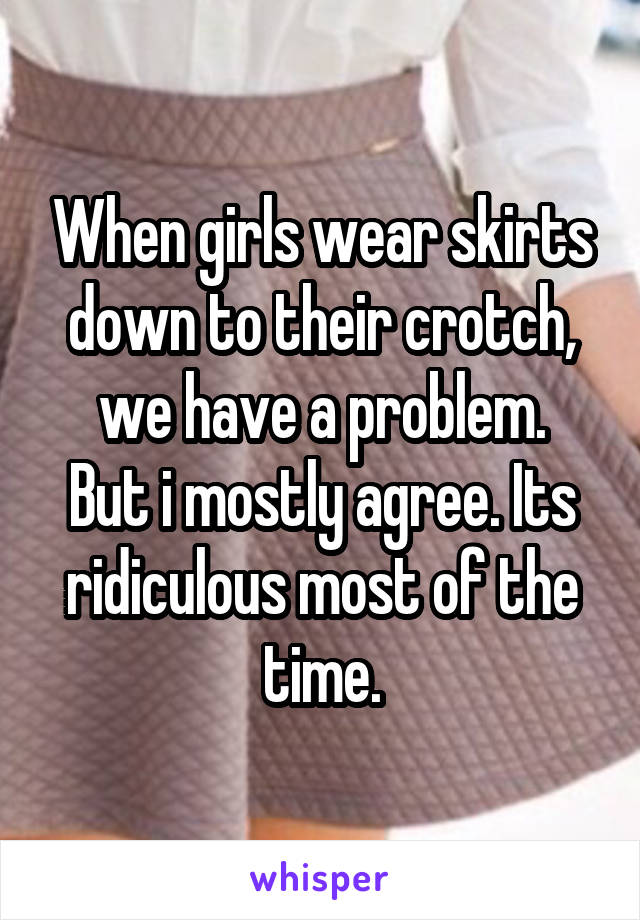 When girls wear skirts down to their crotch, we have a problem.
But i mostly agree. Its ridiculous most of the time.