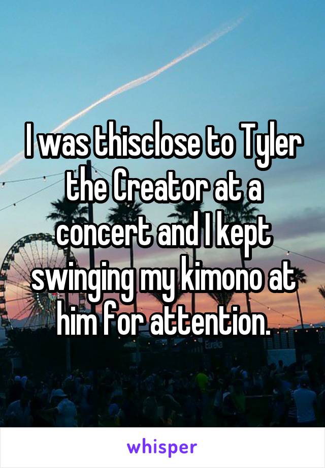 I was thisclose to Tyler the Creator at a concert and I kept swinging my kimono at him for attention.