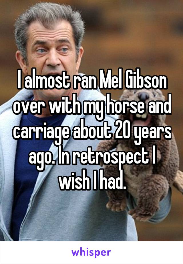 I almost ran Mel Gibson over with my horse and carriage about 20 years ago. In retrospect I wish I had.