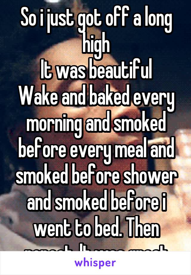 So i just got off a long high
It was beautiful
Wake and baked every morning and smoked before every meal and smoked before shower and smoked before i went to bed. Then repeat. It was great