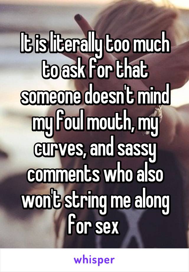 It is literally too much to ask for that someone doesn't mind my foul mouth, my curves, and sassy comments who also won't string me along for sex 