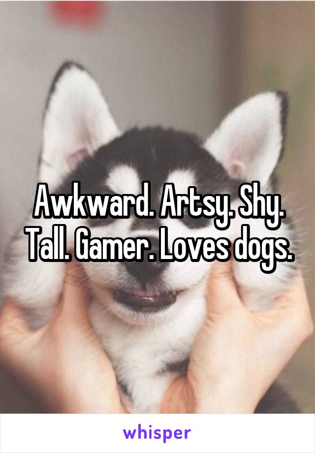 Awkward. Artsy. Shy. Tall. Gamer. Loves dogs.