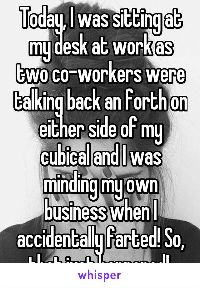 Today, I was sitting at my desk at work as two co-workers were talking back an forth on either side of my cubical and I was minding my own business when I accidentally farted! So, that just happened! 