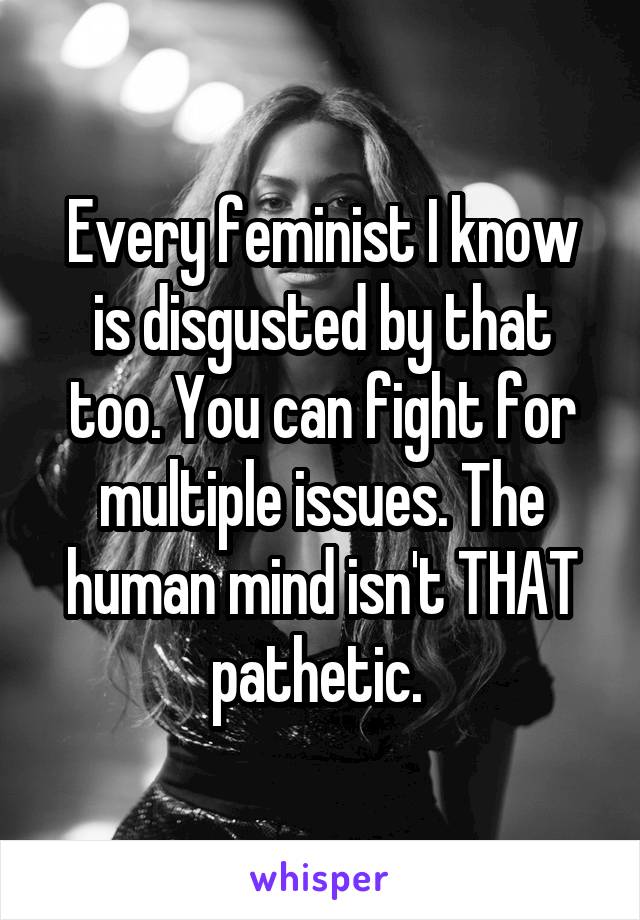 Every feminist I know is disgusted by that too. You can fight for multiple issues. The human mind isn't THAT pathetic. 