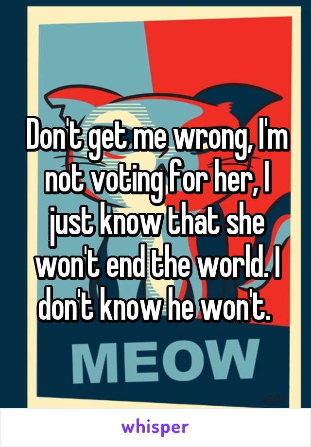 Don't get me wrong, I'm not voting for her, I just know that she won't end the world. I don't know he won't. 