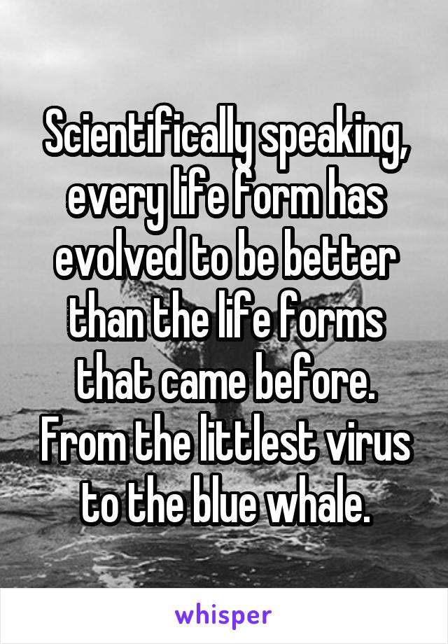 Scientifically speaking, every life form has evolved to be better than the life forms that came before. From the littlest virus to the blue whale.