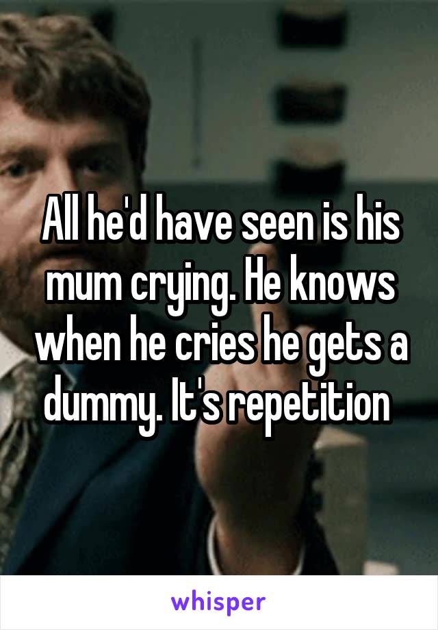 All he'd have seen is his mum crying. He knows when he cries he gets a dummy. It's repetition 