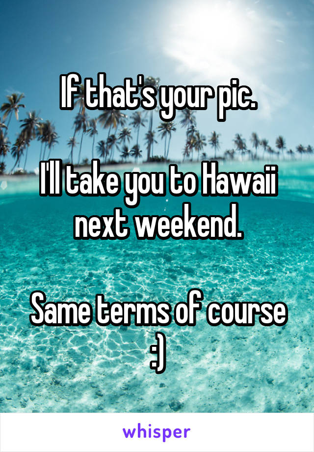 If that's your pic.

I'll take you to Hawaii next weekend.

Same terms of course :)