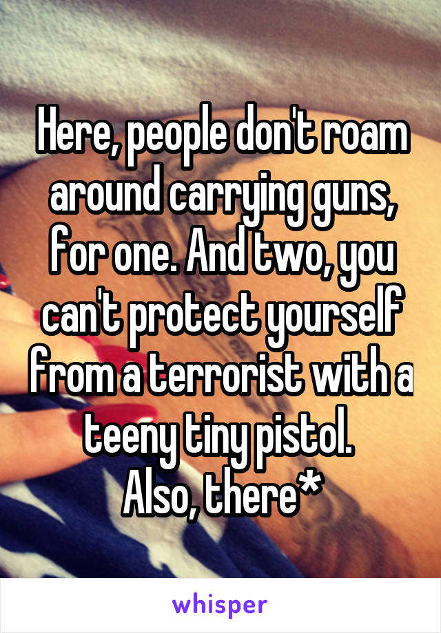 Here, people don't roam around carrying guns, for one. And two, you can't protect yourself from a terrorist with a teeny tiny pistol. 
Also, there*