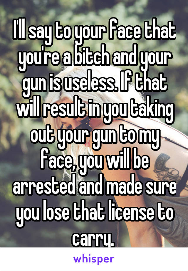 I'll say to your face that you're a bitch and your gun is useless. If that will result in you taking out your gun to my face, you will be arrested and made sure you lose that license to carry. 