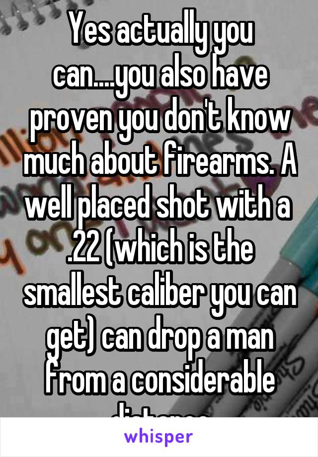 Yes actually you can....you also have proven you don't know much about firearms. A well placed shot with a  .22 (which is the smallest caliber you can get) can drop a man from a considerable distance