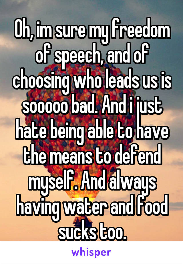 Oh, im sure my freedom of speech, and of choosing who leads us is sooooo bad. And i just hate being able to have the means to defend myself. And always having water and food sucks too.