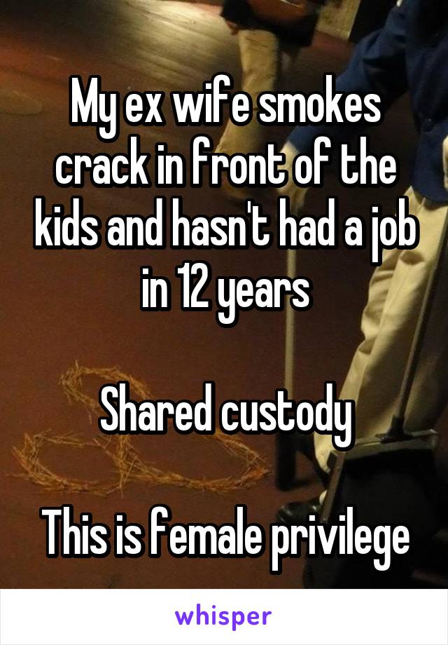 My ex wife smokes crack in front of the kids and hasn't had a job in 12 years

Shared custody

This is female privilege