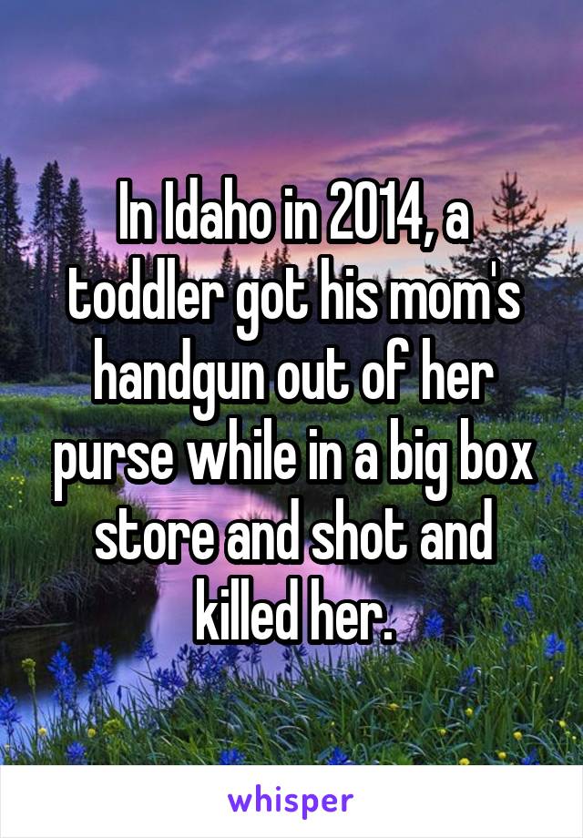 In Idaho in 2014, a toddler got his mom's handgun out of her purse while in a big box store and shot and killed her.