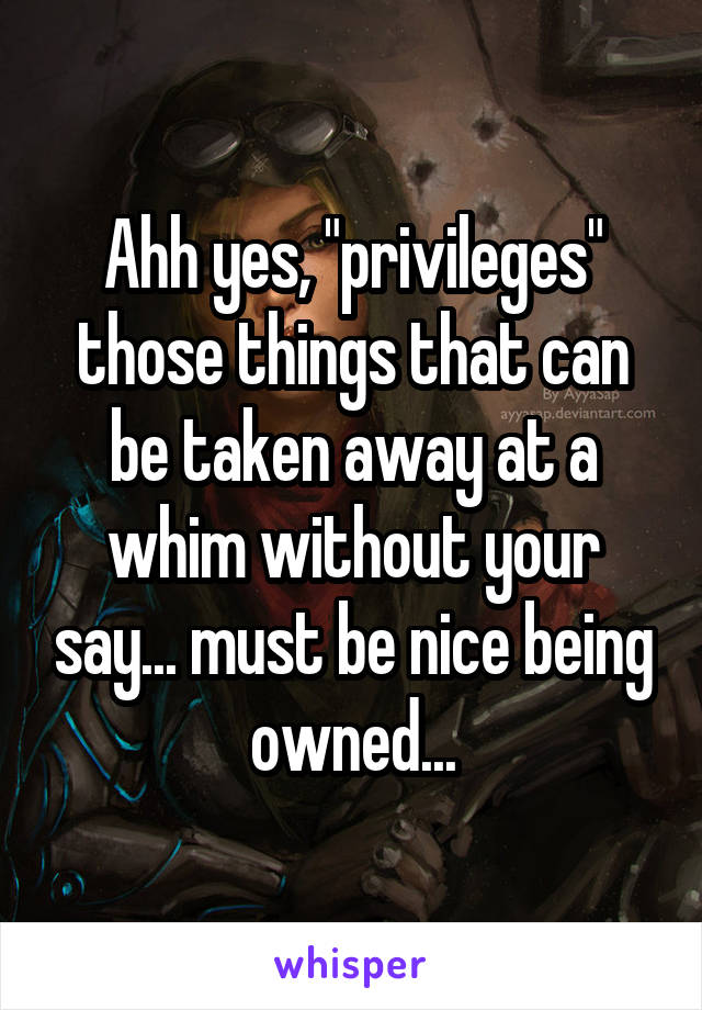 Ahh yes, "privileges" those things that can be taken away at a whim without your say... must be nice being owned...