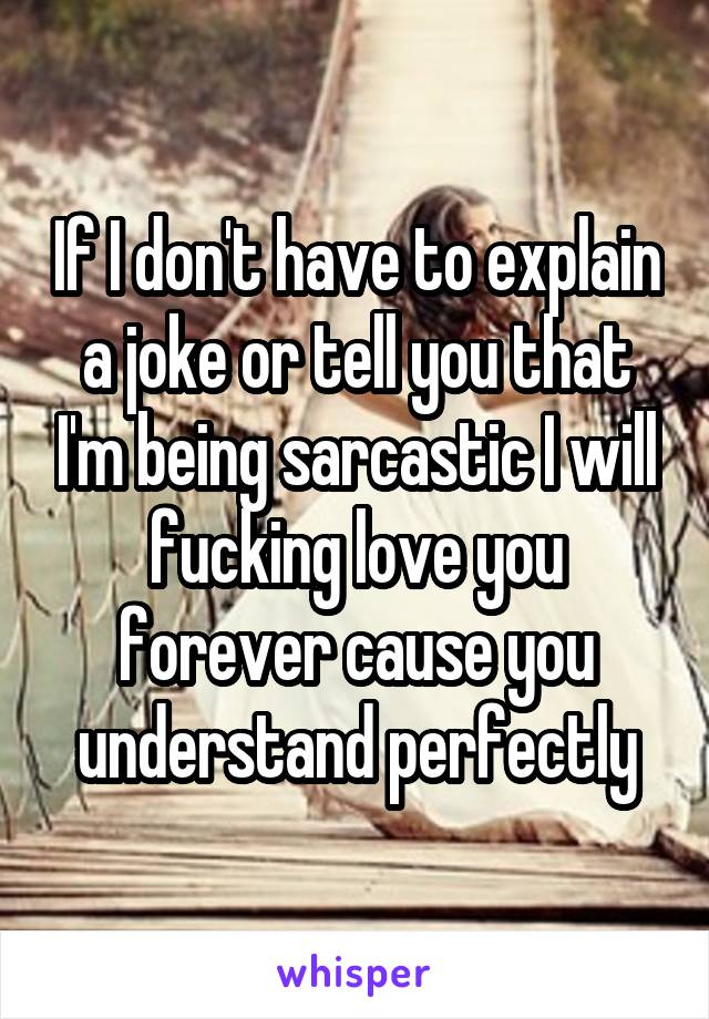 If I don't have to explain a joke or tell you that I'm being sarcastic I will fucking love you forever cause you understand perfectly