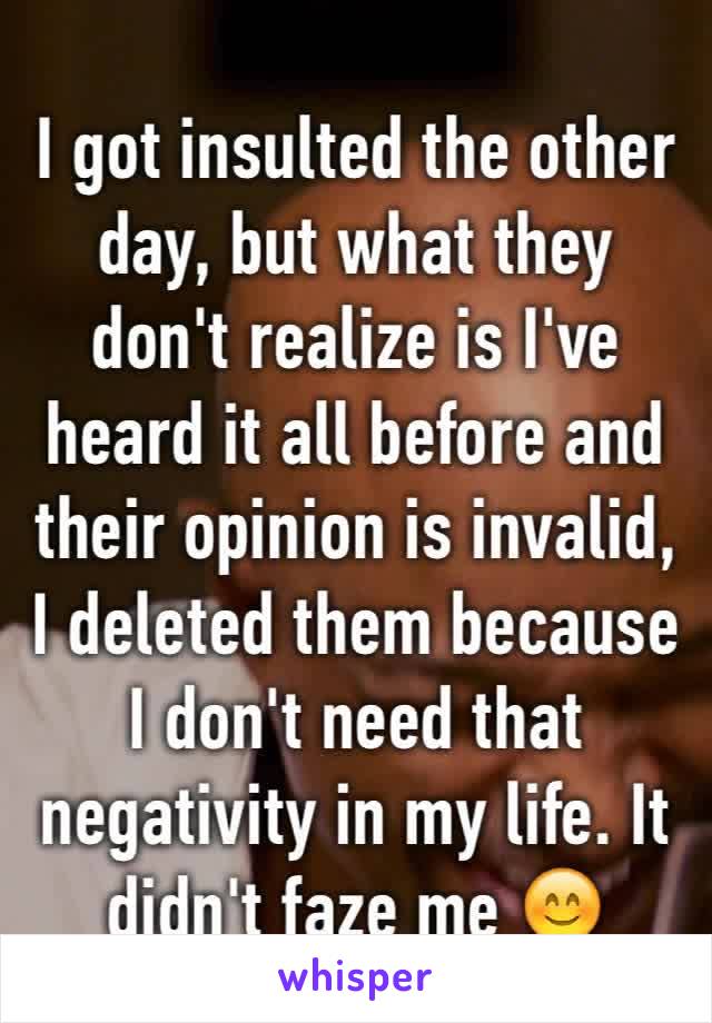 I got insulted the other day, but what they don't realize is I've heard it all before and their opinion is invalid, I deleted them because I don't need that negativity in my life. It didn't faze me 😊