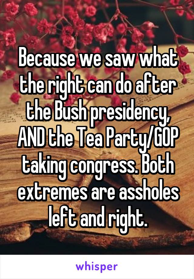 Because we saw what the right can do after the Bush presidency, AND the Tea Party/GOP taking congress. Both extremes are assholes left and right.