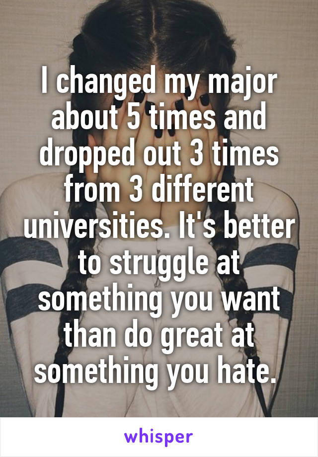 I changed my major about 5 times and dropped out 3 times from 3 different universities. It's better to struggle at something you want than do great at something you hate. 