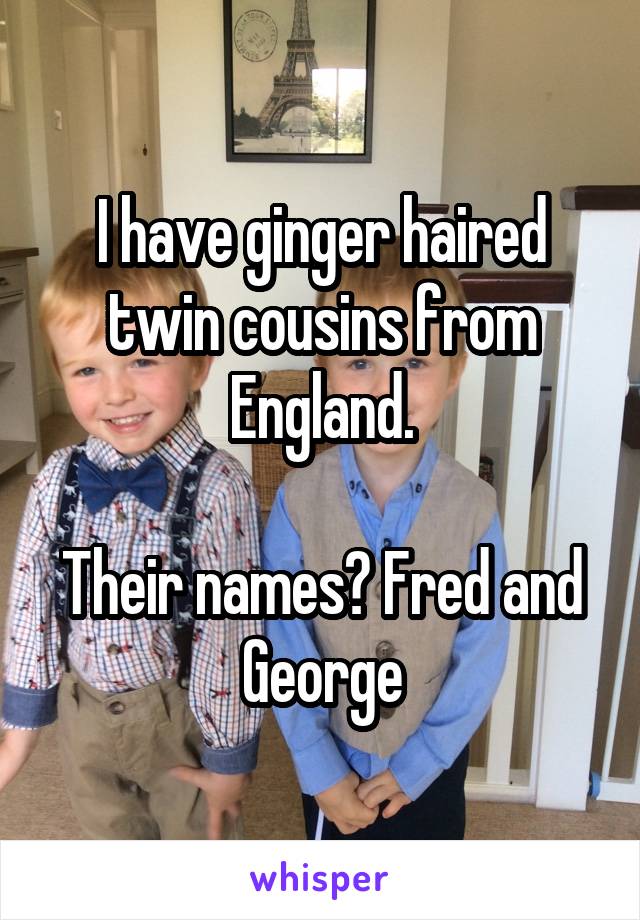 I have ginger haired twin cousins from England.

Their names? Fred and George