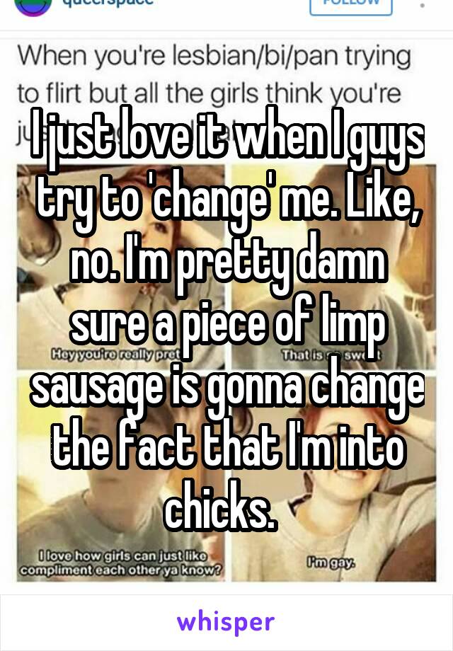 I just love it when I guys try to 'change' me. Like, no. I'm pretty damn sure a piece of limp sausage is gonna change the fact that I'm into chicks.  