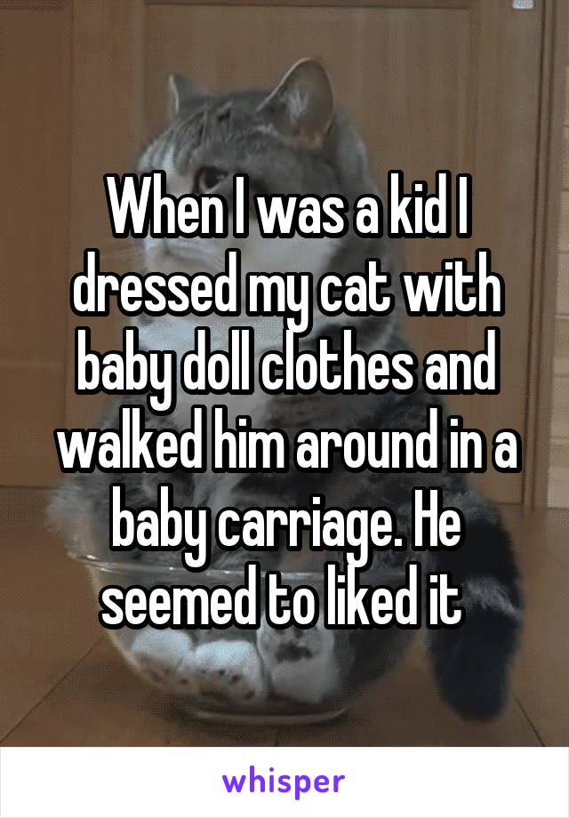 When I was a kid I dressed my cat with baby doll clothes and walked him around in a baby carriage. He seemed to liked it 