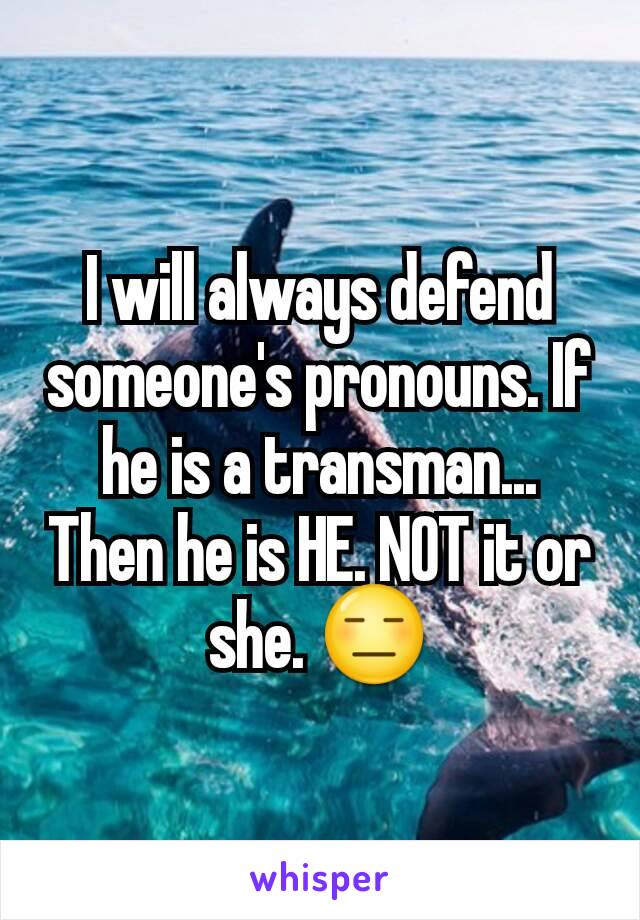 I will always defend someone's pronouns. If he is a transman... Then he is HE. NOT it or she. 😑