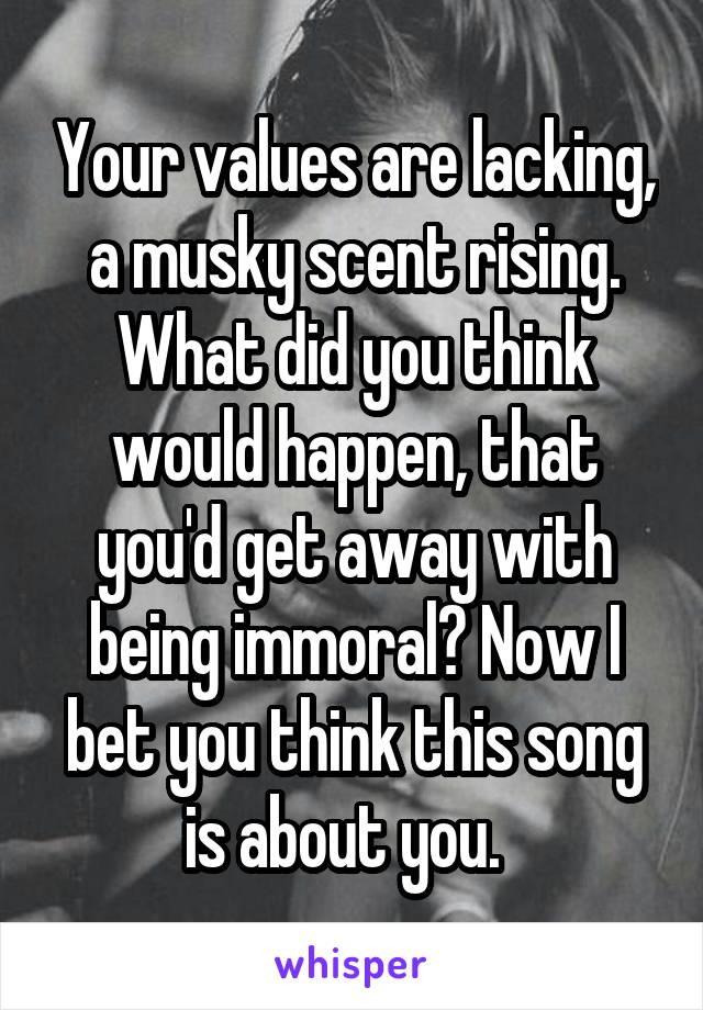 Your values are lacking, a musky scent rising. What did you think would happen, that you'd get away with being immoral? Now I bet you think this song is about you.  