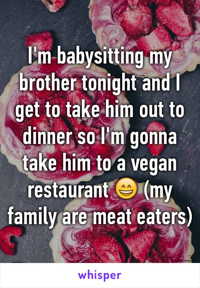 I'm babysitting my brother tonight and I get to take him out to dinner so I'm gonna take him to a vegan restaurant 😄 (my family are meat eaters)