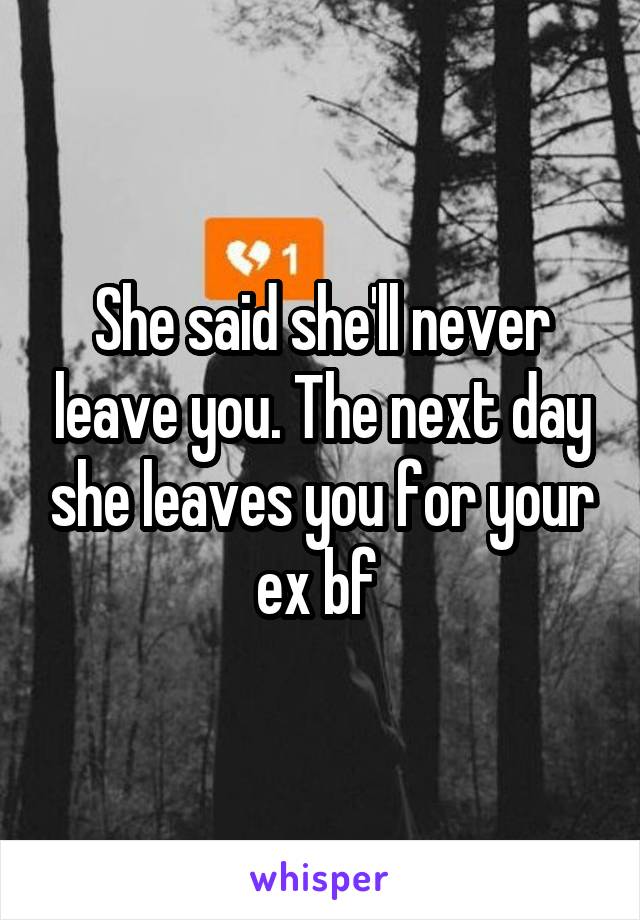 She said she'll never leave you. The next day she leaves you for your ex bf 
