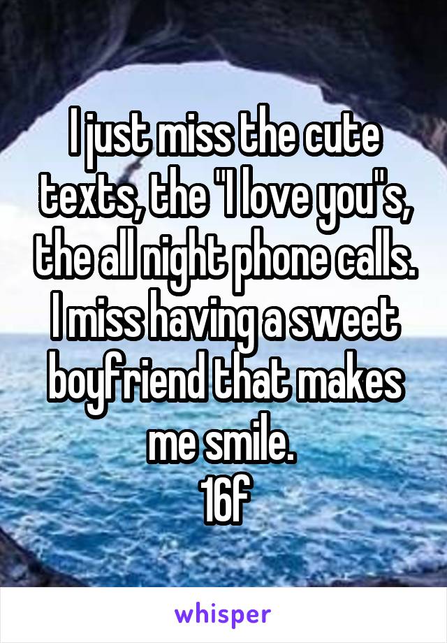 I just miss the cute texts, the "I love you"s, the all night phone calls. I miss having a sweet boyfriend that makes me smile. 
16f