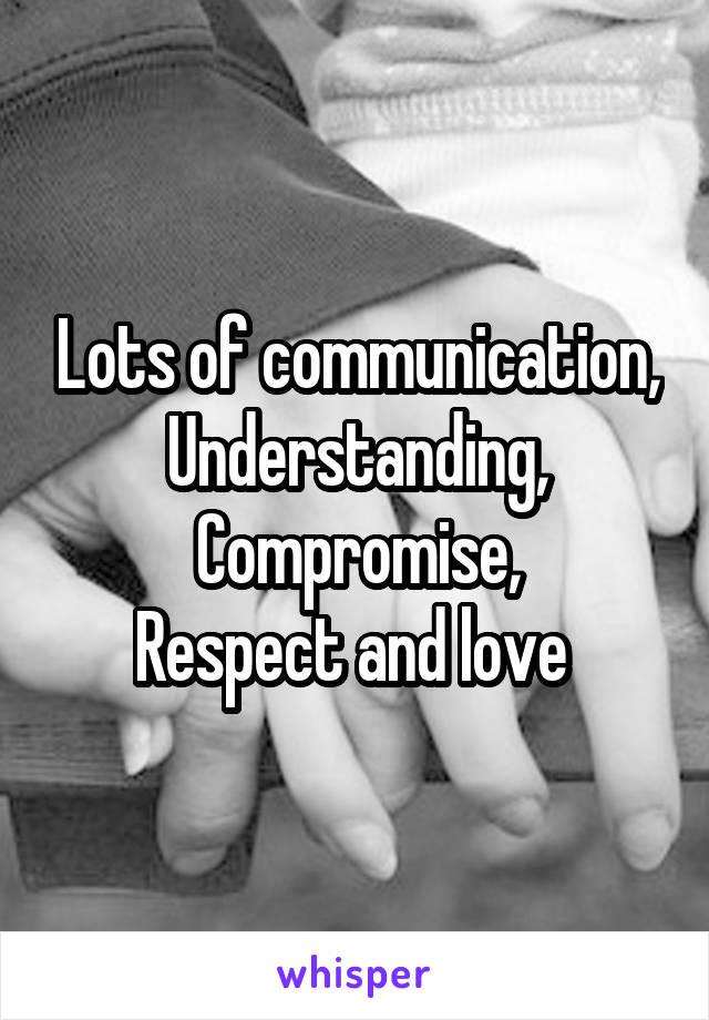 Lots of communication,
Understanding,
Compromise,
Respect and love 