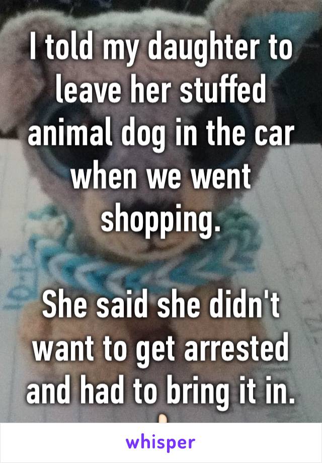 I told my daughter to leave her stuffed animal dog in the car when we went shopping.

She said she didn't want to get arrested and had to bring it in. 
👍🏻