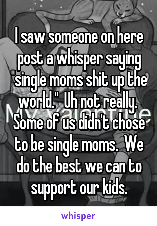 I saw someone on here post a whisper saying "single moms shit up the world."  Uh not really.  Some of us didn't chose to be single moms.  We do the best we can to support our kids.