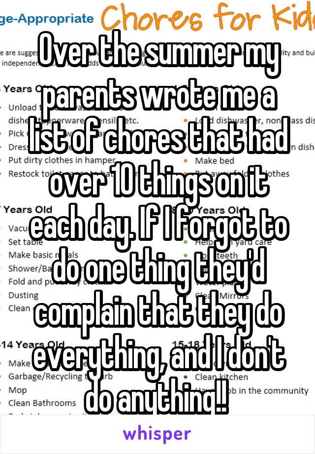 Over the summer my parents wrote me a list of chores that had over 10 things on it each day. If I forgot to do one thing they'd complain that they do everything, and I don't do anything!! 