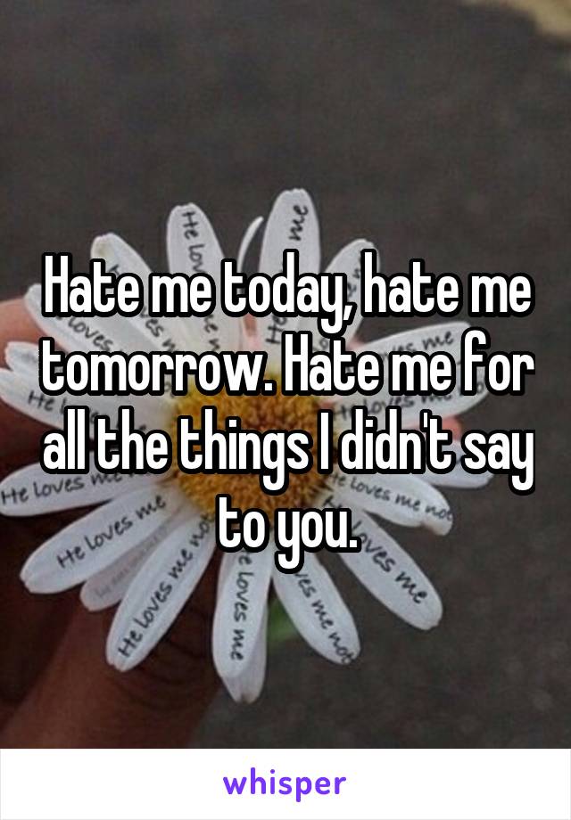 Hate me today, hate me tomorrow. Hate me for all the things I didn't say to you.