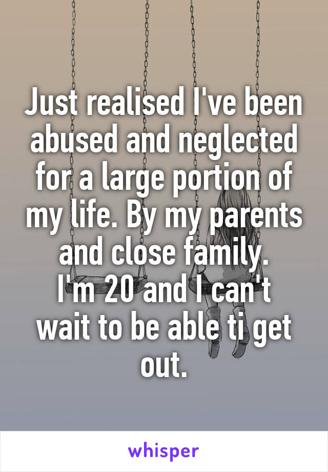 Just realised I've been abused and neglected for a large portion of my life. By my parents and close family.
I'm 20 and I can't wait to be able ti get out.
